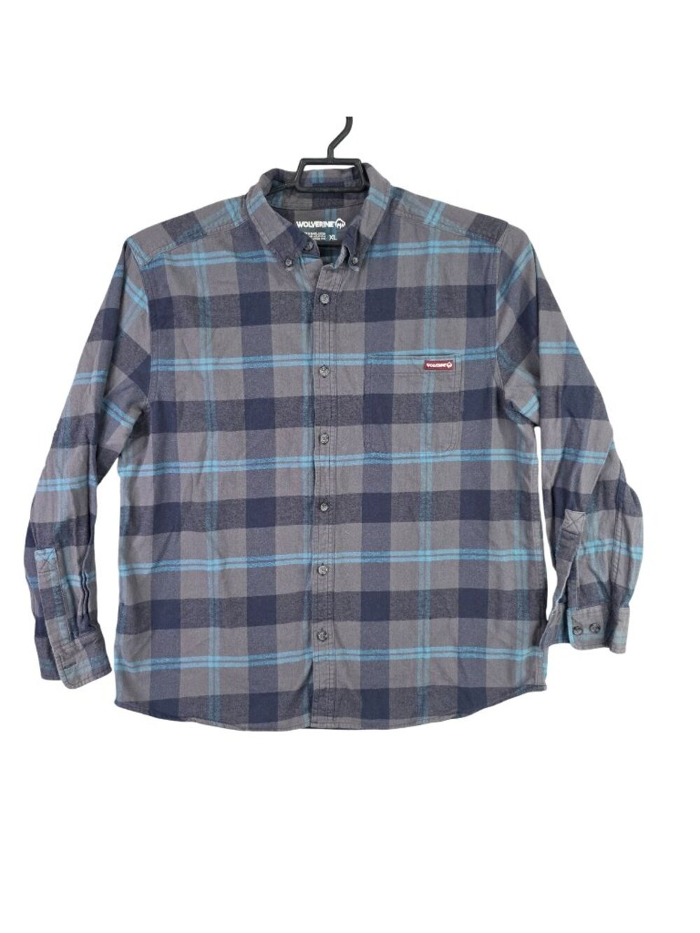 Mens Wolverine Gray & Blue Plaid Button Up Shirt 100% Cotton Long Sleeve Size XL
